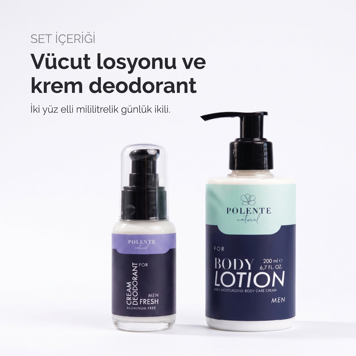 Men Vücut Bakım Seti içeriği — 200 ml nemlendirici vücut losyonu ve 50 ml krem deodorant