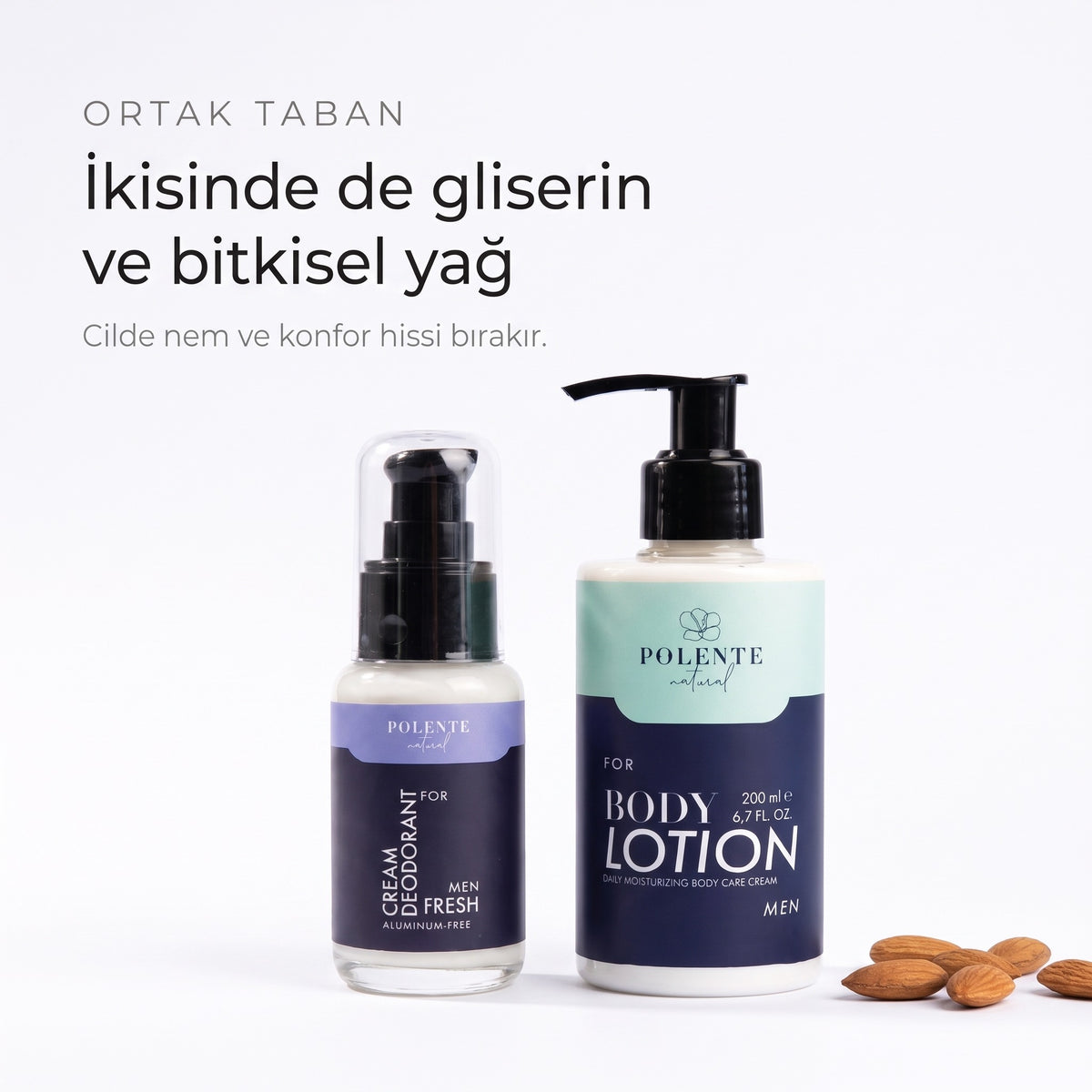 Men Vücut Bakım Seti ortak tabanı — ikisinde de gliserin ve bitkisel yağ, badem taneleriyle