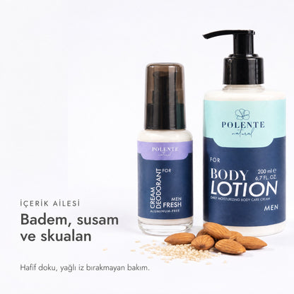 Men Vücut Bakım Seti içerik ailesi — badem, susam ve skualan, badem ve susam taneleriyle