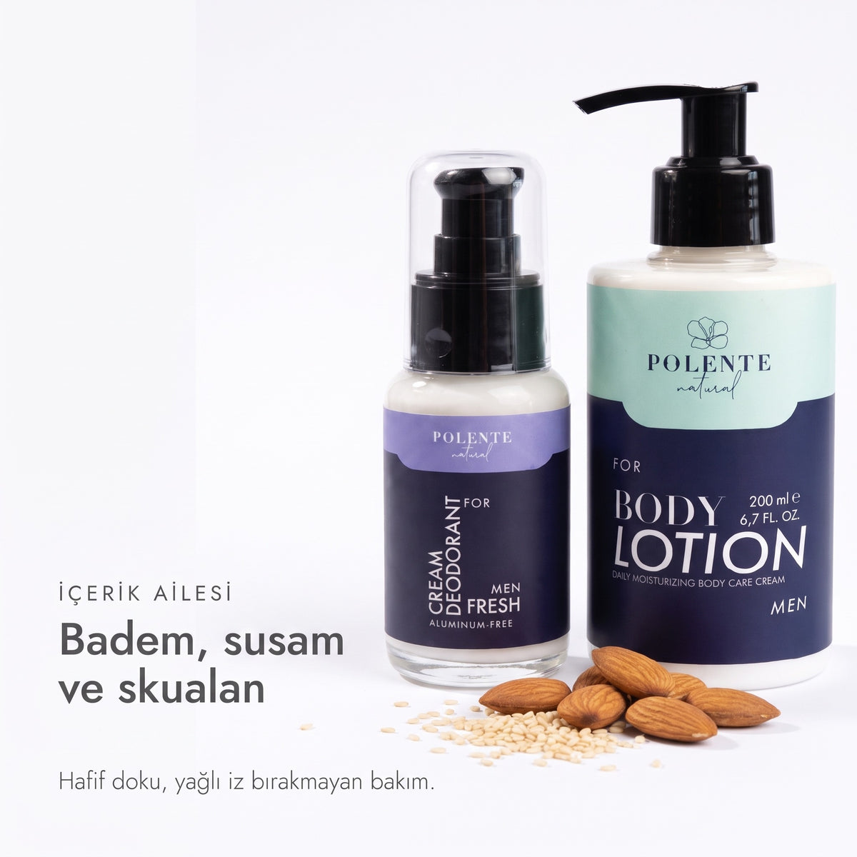 Men Vücut Bakım Seti içerik ailesi — badem, susam ve skualan, badem ve susam taneleriyle