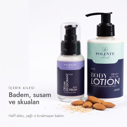 Men Vücut Bakım Seti içerik ailesi — badem, susam ve skualan, badem ve susam taneleriyle