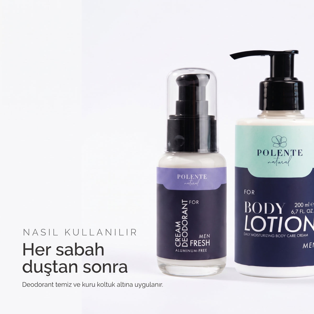 Men Vücut Bakım Seti kullanımı — her sabah duştan sonra, deodorant temiz ve kuru koltuk altına