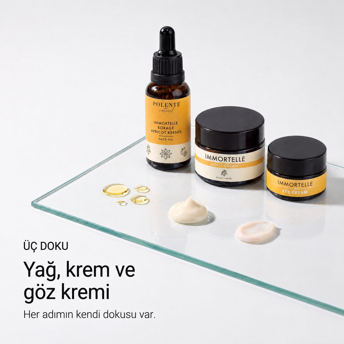 Ölmez Çiçek Kırışıklık Karşıtı Seri — yağ, krem ve göz kreminin üç dokusu