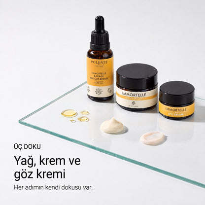 Ölmez Çiçek Kırışıklık Karşıtı Seri — yağ, krem ve göz kreminin üç dokusu