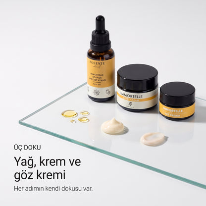 Ölmez Çiçek Kırışıklık Karşıtı Seri — yağ, krem ve göz kreminin üç dokusu