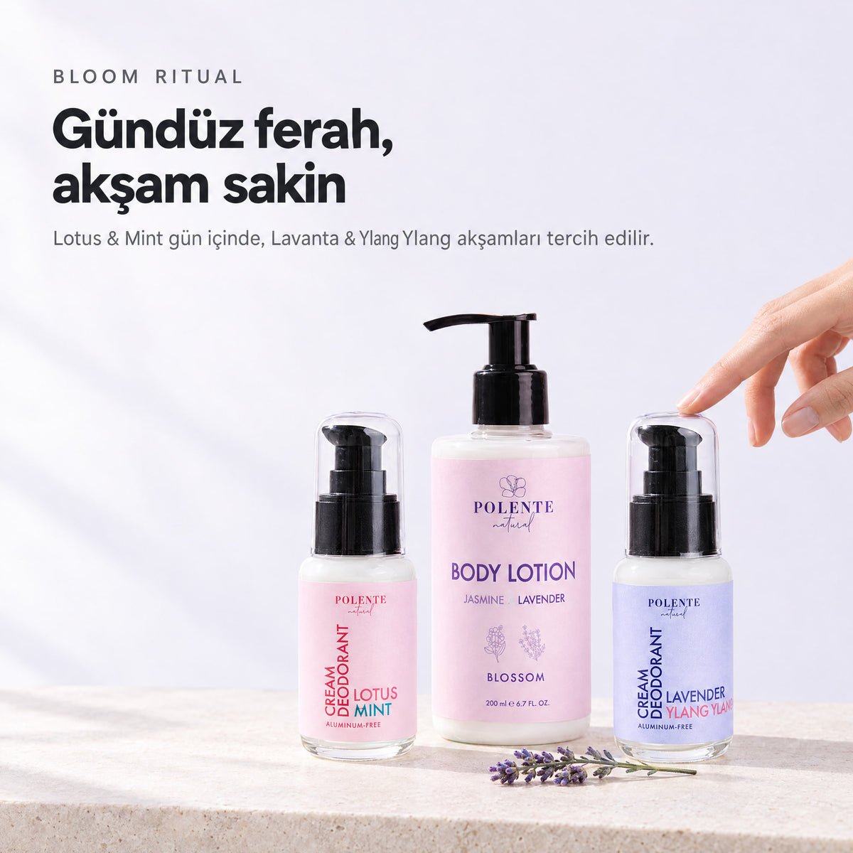 BLOOM RITUAL — gündüz Lotus &amp; Mint ferahlığı, akşam Lavanta &amp; Ylang Ylang sakinliği