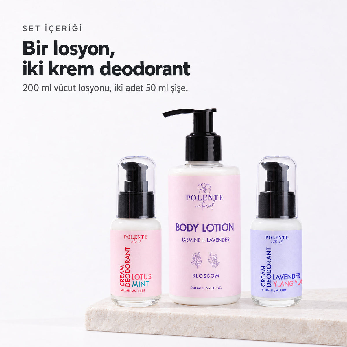 BLOOM RITUAL set içeriği — bir vücut losyonu ve iki krem deodorant