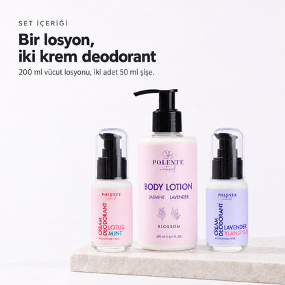BLOOM RITUAL set içeriği — bir vücut losyonu ve iki krem deodorant