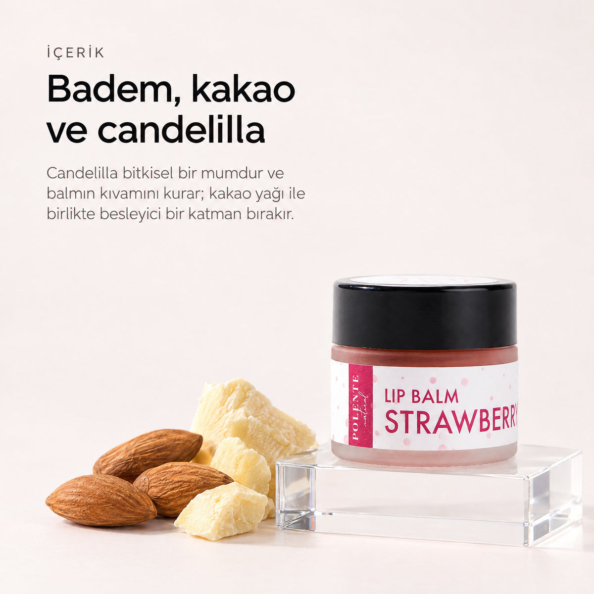 Çilekli Lip Balm 10 ml — Badem, kakao ve candelilla