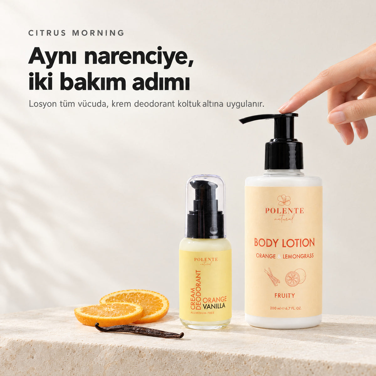 CITRUS MORNING — aynı narenciye, iki bakım adımı: losyon tüm vücuda, krem deodorant koltuk altına