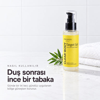 Clear-Body Vücut Akne Bakım Jeli 100 ml — duş sonrası ince bir tabaka