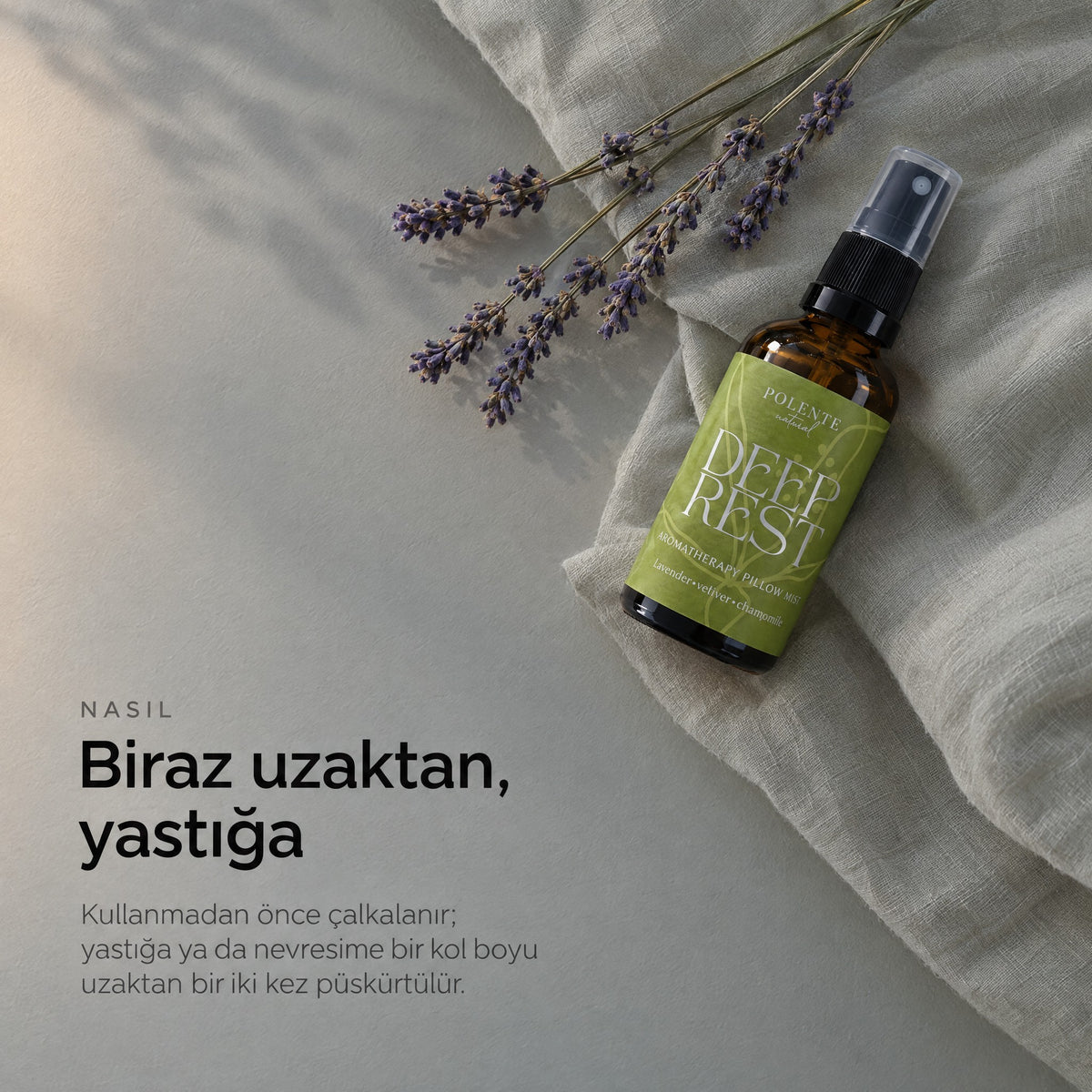 DEEP REST Aromaterapik Yastık ve Ortam Spreyi 50 ml — biraz uzaktan, yastığa