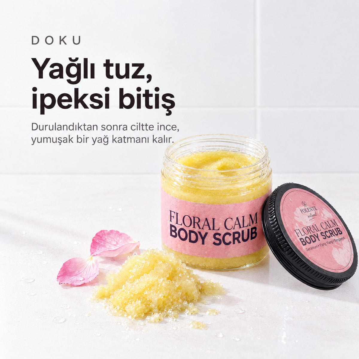 Floral Calm Vücut Peelingi 250 ml — yağlı tuz, ipeksi bitiş