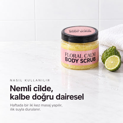 Floral Calm Vücut Peelingi 250 ml — nemli cilde, kalbe doğru dairesel