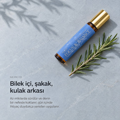 FOCUS &amp; BALANCE Aromaterapik Masaj Yağı 10 ml — bilek içi, şakak, kulak arkası