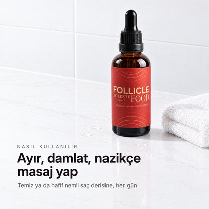 Follicle Food Saç Kökü Serumu 50 ml — saçı ayırıp damlatın, nazikçe masaj yapın