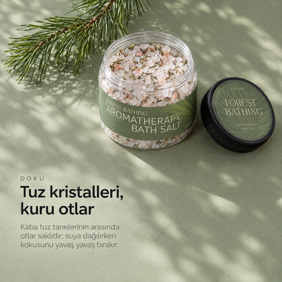 FOREST BATHING Aromaterapik Banyo Tuzu 250 ml — tuz kristalleri, kuru otlar