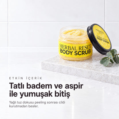 Herbal Reset Vücut Peelingi 250 ml — tatlı badem ve aspir ile yumuşak bitiş