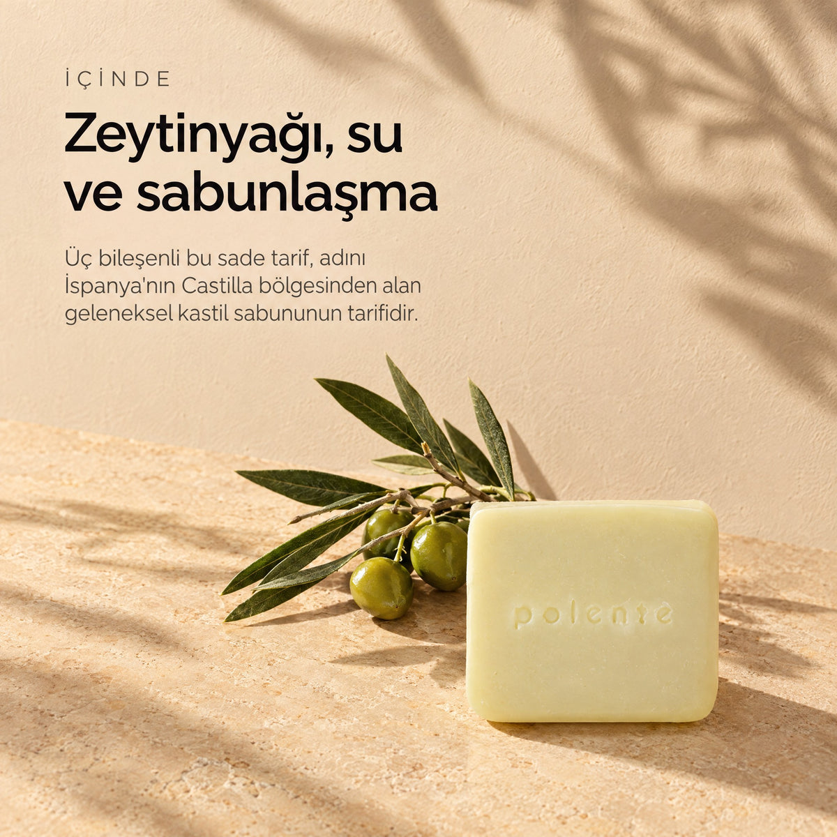 %100 Saf Zeytinyağı (Kastil) Sabunu 110 gr — zeytinyağı, su ve sabunlaşma