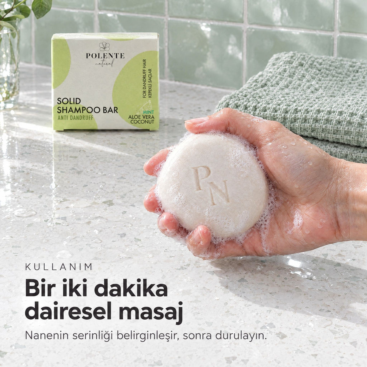 Kepek Karşıtı Rahatlatıcı Katı Şampuan — Bir iki dakika dairesel masaj
