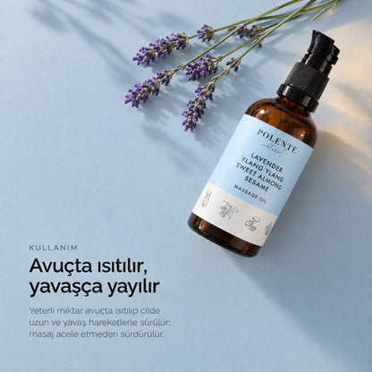Lavanta &amp; Ylang Ylang Sakinleştirici Masaj Yağı 100 ml — avuçta ısıtılır, yavaşça yayılır
