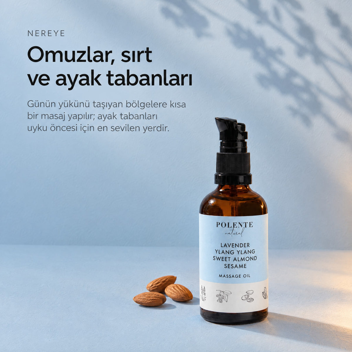 Lavanta &amp; Ylang Ylang Sakinleştirici Masaj Yağı 100 ml — omuzlar, sırt ve ayak tabanları