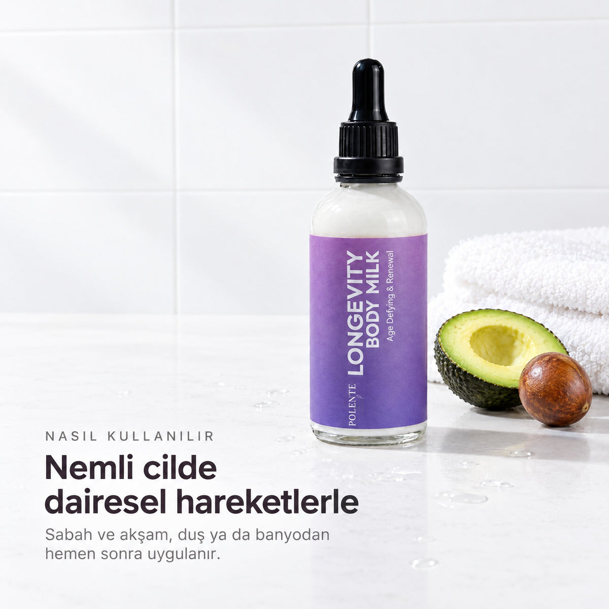 Longevity Yenileyici Vücut Sütü 100 ml — nemli cilde dairesel hareketlerle