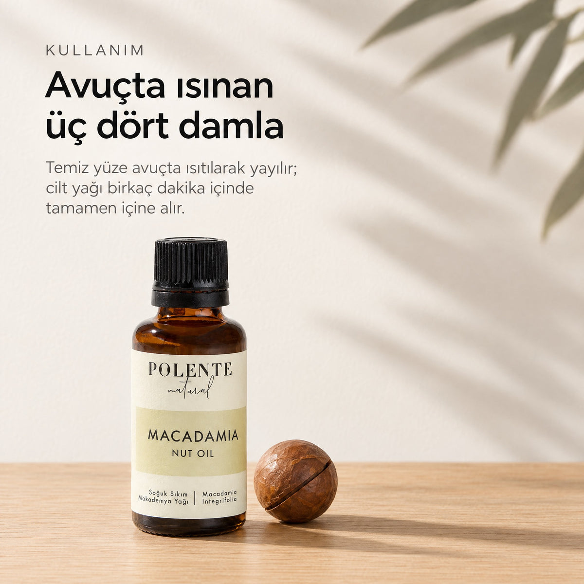 Makademya Cevizi Yağı 30 ml — avuçta ısınan üç dört damla, temiz yüze kullanım