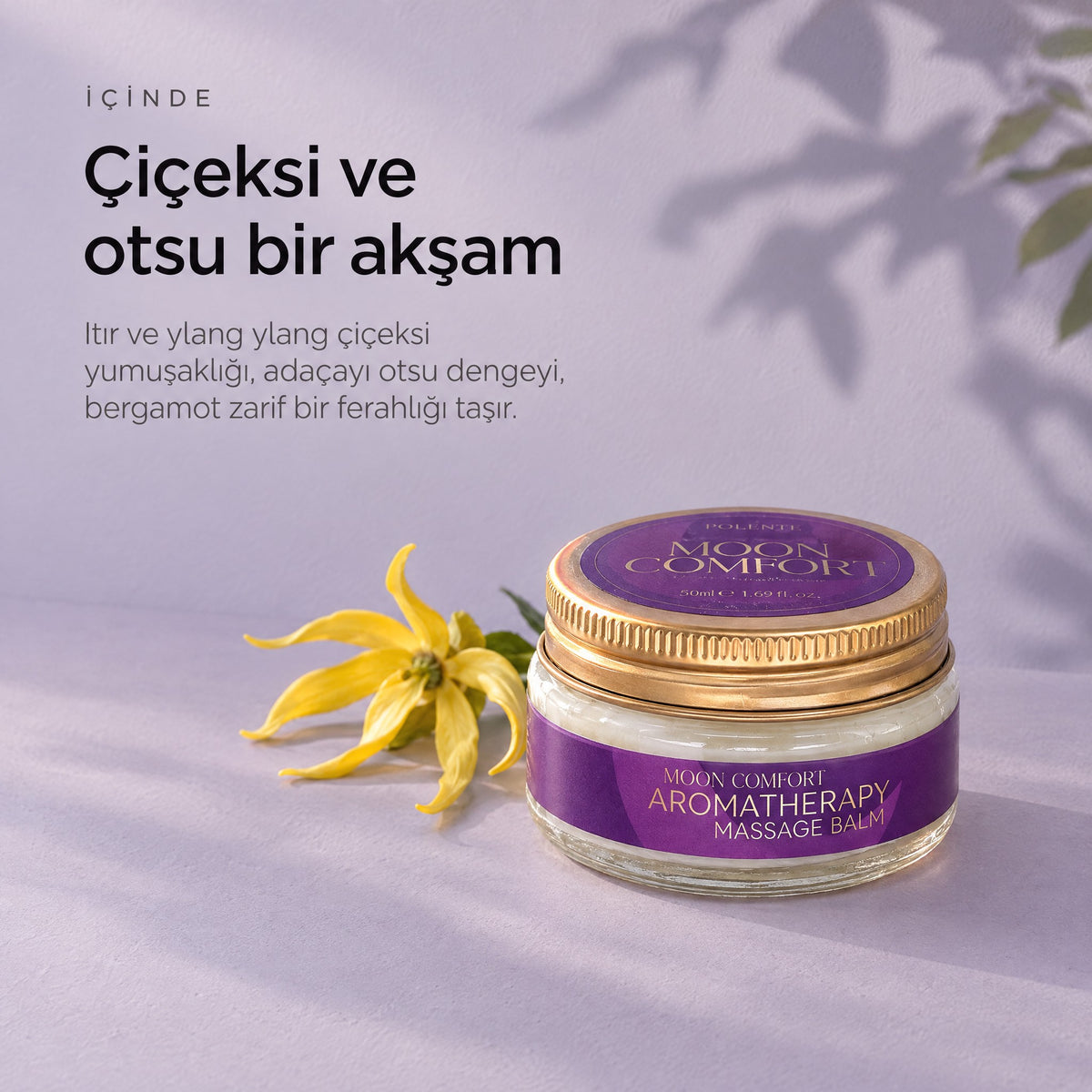 MOON COMFORT Katı Masaj Balmı 50 ml — çiçeksi ve otsu bir akşam