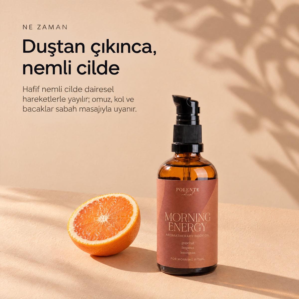 MORNING ENERGY Aromaterapik Vücut Masaj Yağı 100 ml — duştan çıkınca, nemli cilde