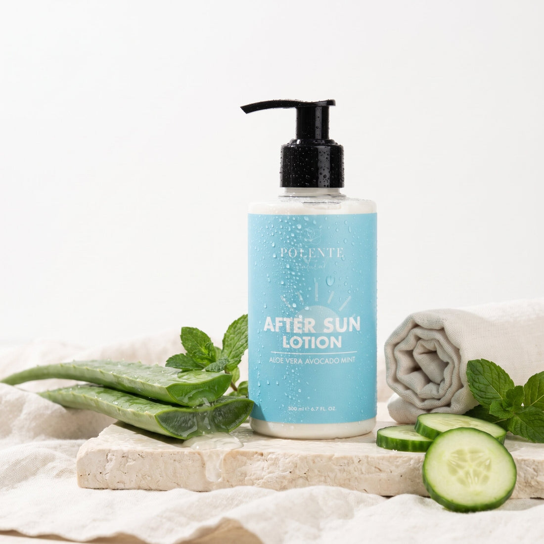 After Sun Lotion 200 ml — aloe vera ve serinletici bitkilerle güneş sonrası konsept görseli