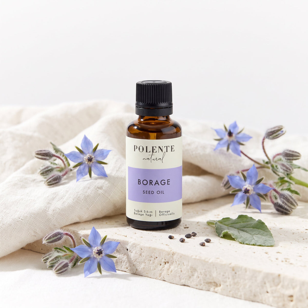 Borage Hodan Yağı Soğuk Sıkım 30 ml — mavi hodan çiçekleriyle botanik konsept görseli
