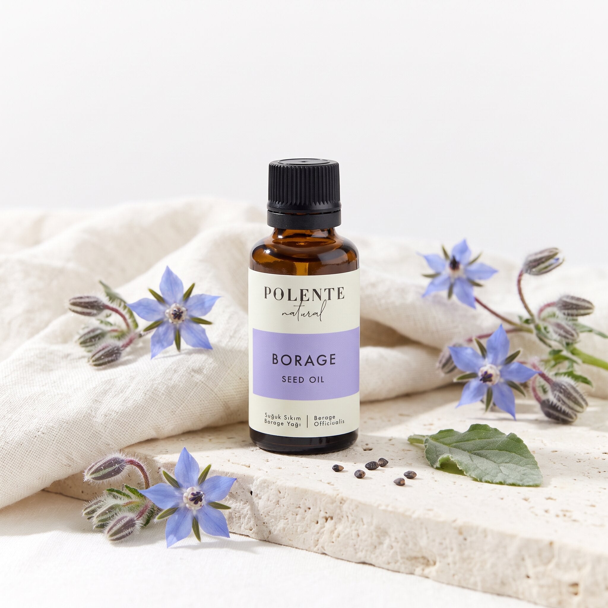 Borage Hodan Yağı Soğuk Sıkım 30 ml — mavi hodan çiçekleriyle botanik konsept görseli