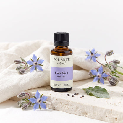 Borage Hodan Yağı Soğuk Sıkım 30 ml — mavi hodan çiçekleriyle botanik konsept görseli
