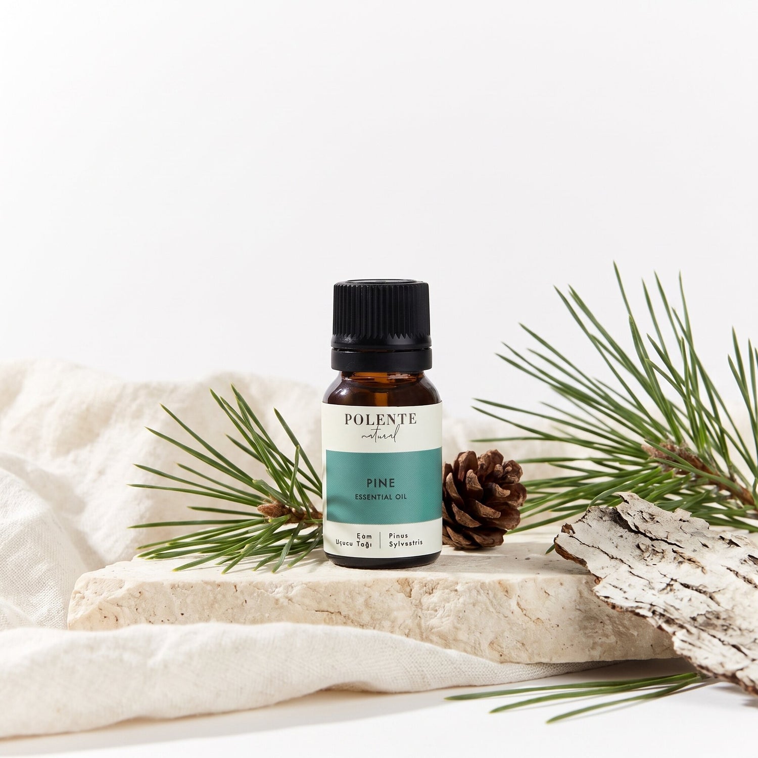 Çam Uçucu Yağı 10 ml — çam iğneleri ve kozalağıyla botanik konsept görseli