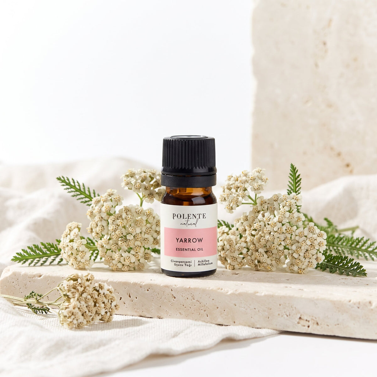 Civanperçemi Uçucu Yağı 5 ml — civanperçemi çiçekleri ve yapraklarıyla botanik konsept görseli