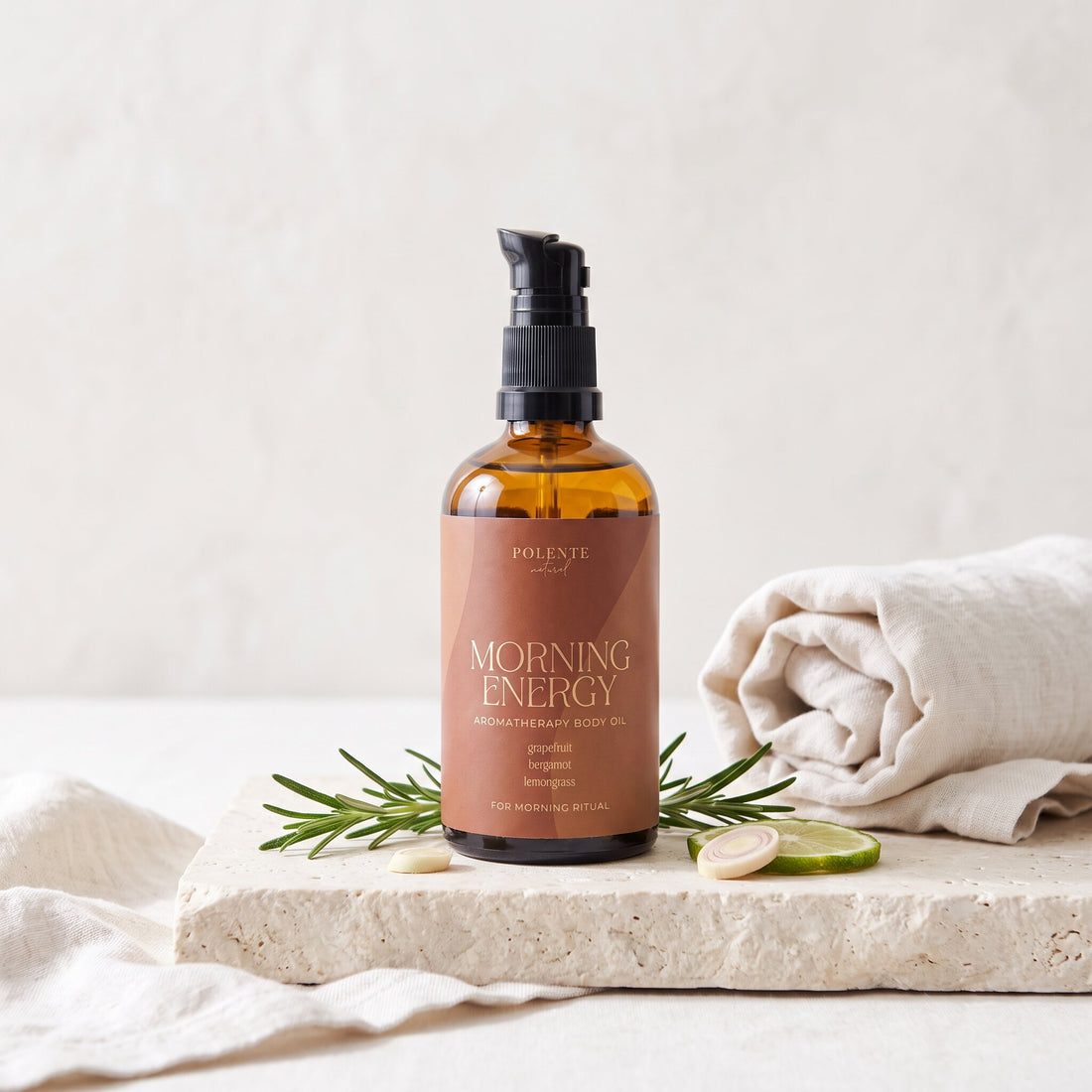 Morning Energy Vücut Masaj Yağı 100 ml — biberiye ve narenciyeyle sabah ritueli konsept görseli