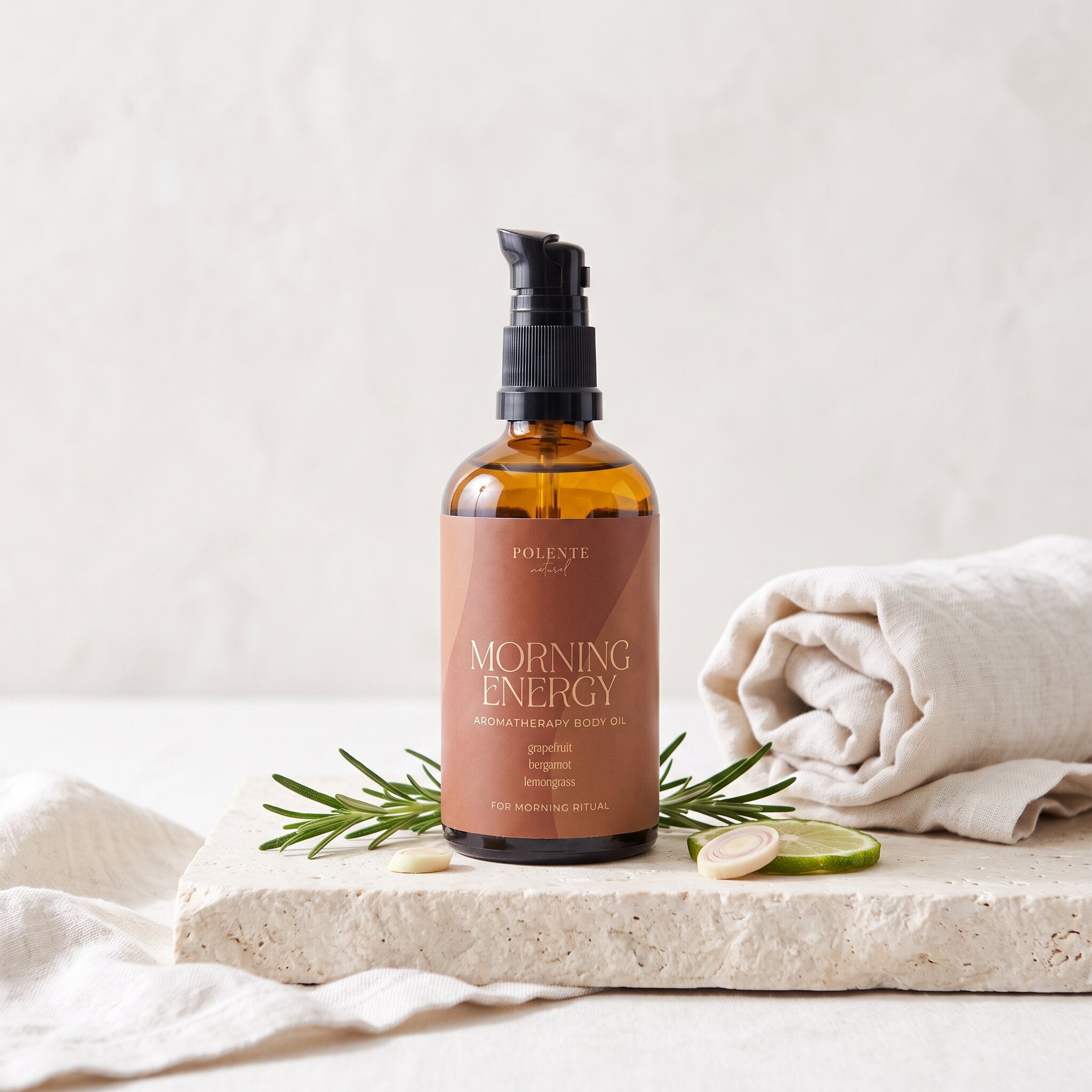 Morning Energy Vücut Masaj Yağı 100 ml — biberiye ve narenciyeyle sabah ritueli konsept görseli
