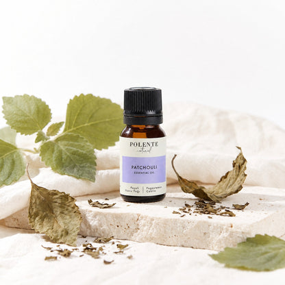 Patchouli Uçucu Yağı 10 ml — taze ve kurutulmuş paçuli yapraklarıyla botanik konsept görseli