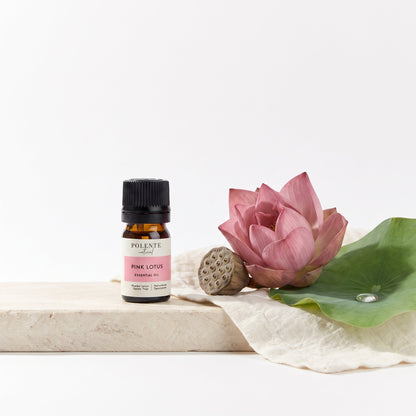 Pembe Lotus Uçucu Yağı 5 ml — pembe lotus çiçeği ve yaprağıyla botanik konsept görseli