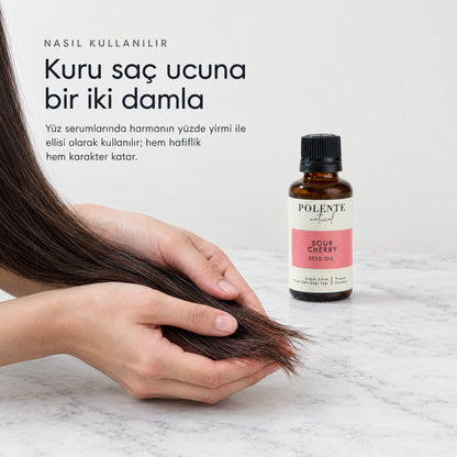 Vişne Çekirdeği Yağı 30 ml — nasıl kullanılır: kuru saç ucuna bir iki damla