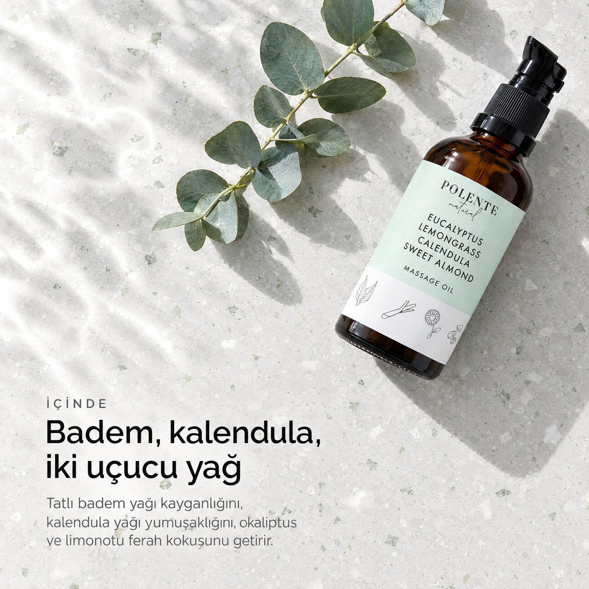 Okaliptus &amp; Limonotu Rahatlatıcı Masaj Yağı 100 ml — badem, kalendula, iki uçucu yağ