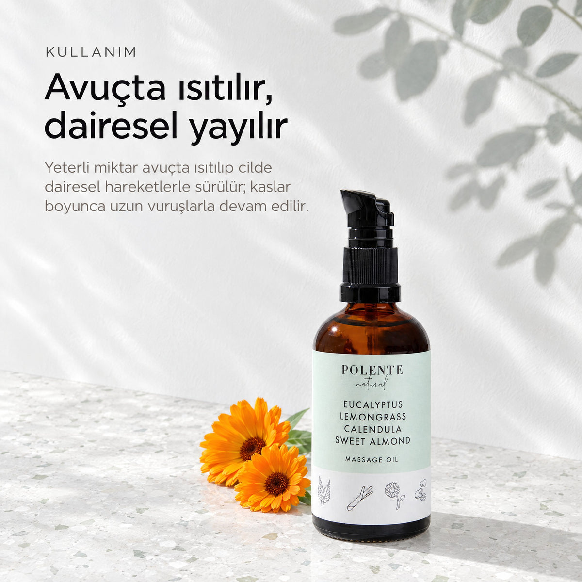 Okaliptus &amp; Limonotu Rahatlatıcı Masaj Yağı 100 ml — avuçta ısıtılır, dairesel yayılır