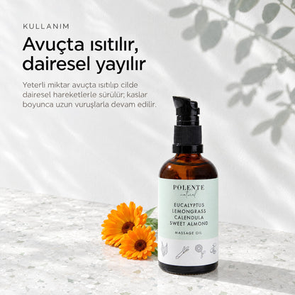 Okaliptus &amp; Limonotu Rahatlatıcı Masaj Yağı 100 ml — avuçta ısıtılır, dairesel yayılır