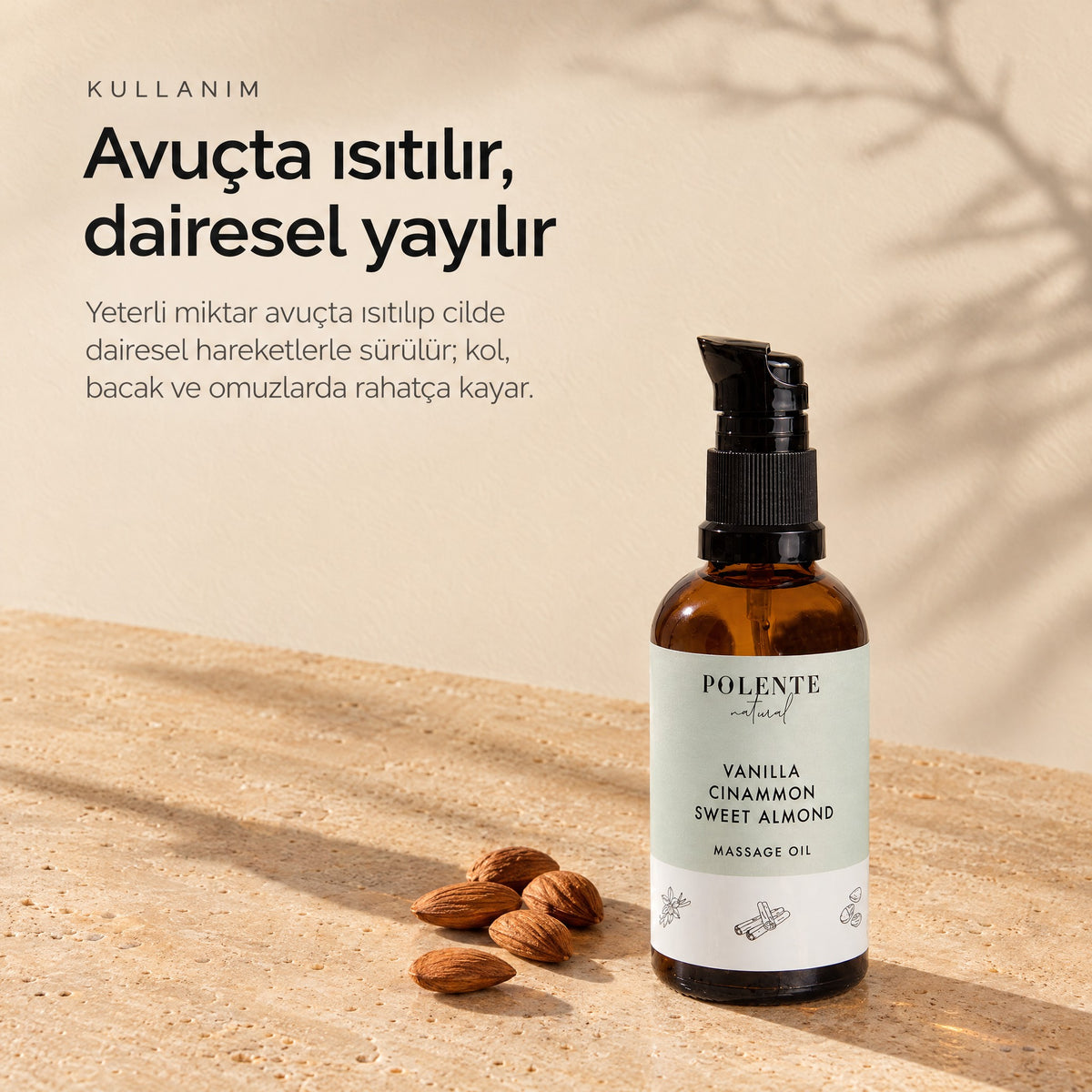 Tarçın &amp; Vanilya Enerji Verici Masaj Yağı 100 ml — avuçta ısıtılır, dairesel yayılır