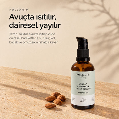 Tarçın &amp; Vanilya Enerji Verici Masaj Yağı 100 ml — avuçta ısıtılır, dairesel yayılır