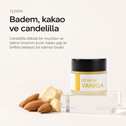 Vanilyalı Lip Balm 10 ml — Badem, kakao ve candelilla
