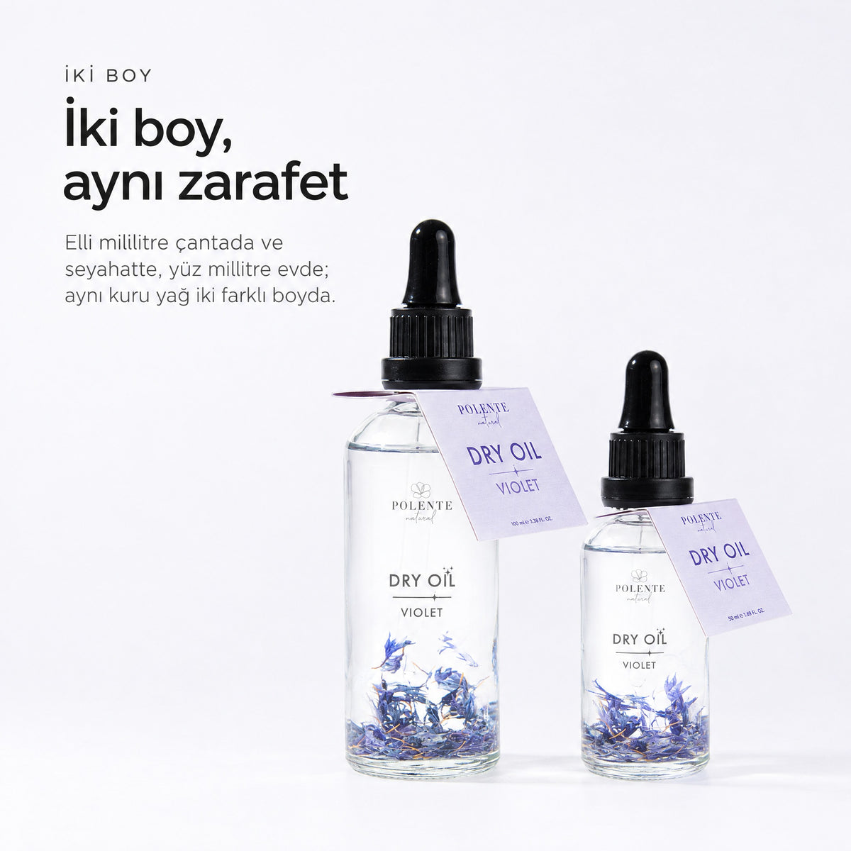 Violet Dry Oil 100 ml çok amaçlı kuru yağ — İki boy, aynı zarafet