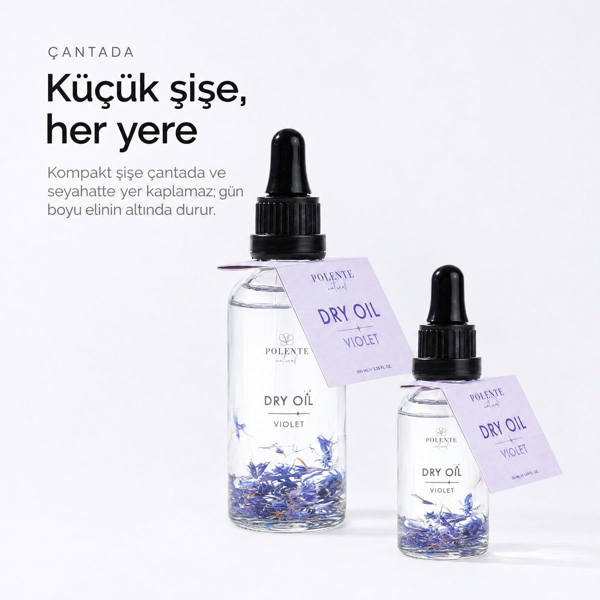 Violet Dry Oil 50 ml çok amaçlı kuru yağ — Küçük şişe, her yere