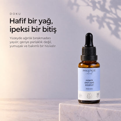 Yasemin &amp; Kuşburnu Eşitleyici Yüz Yağı 30 ml — hafif bir yağ, ipeksi bir bitiş